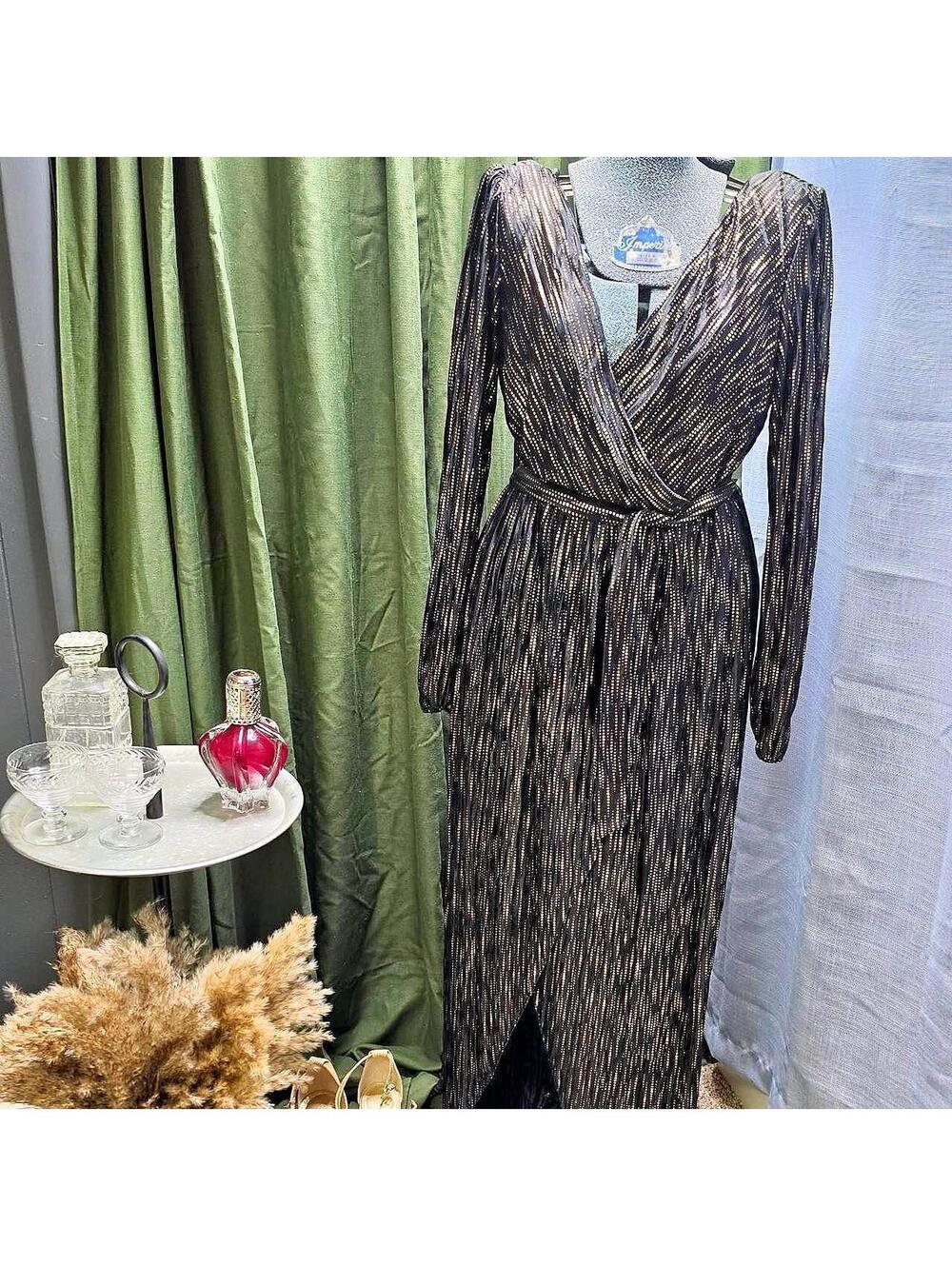 GUESS Metallic-Striped Faux-Wrap Maxi Dress in Black & Gold